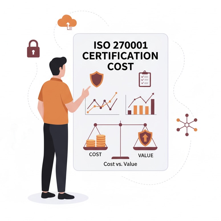 Flat-vector illustration of a professional analysing ISO 27001 certification costs and value, featuring financial charts, shield, and security icons