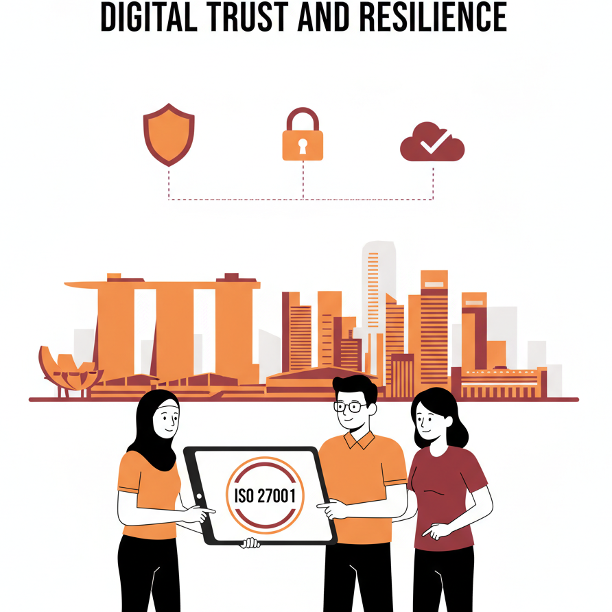 llustration of business professionals in Singapore working together on ISO 27001 certification and cybersecurity resilience, with orange and maroon vector elements on a white background.