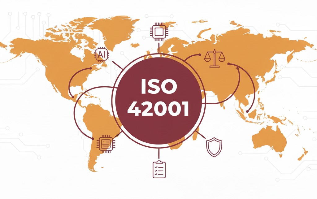 Flat-vector world map in orange with maroon digital connections and ISO 42001 badge at the centre, symbolising global AI regulation and responsible governance on a white background.