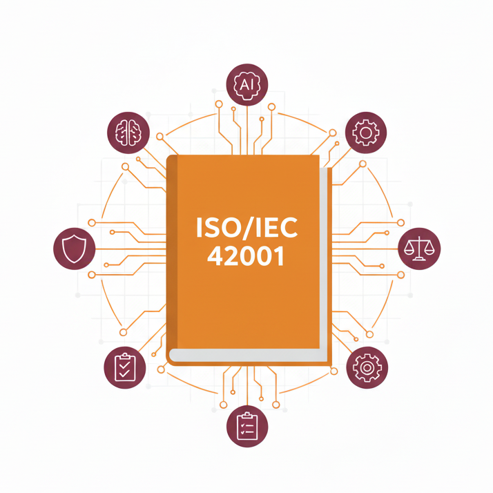 Flat-vector illustration of an open ISO 42001 document with orange and maroon circuit lines connecting AI, security, and compliance icons, symbolising Responsible AI governance.