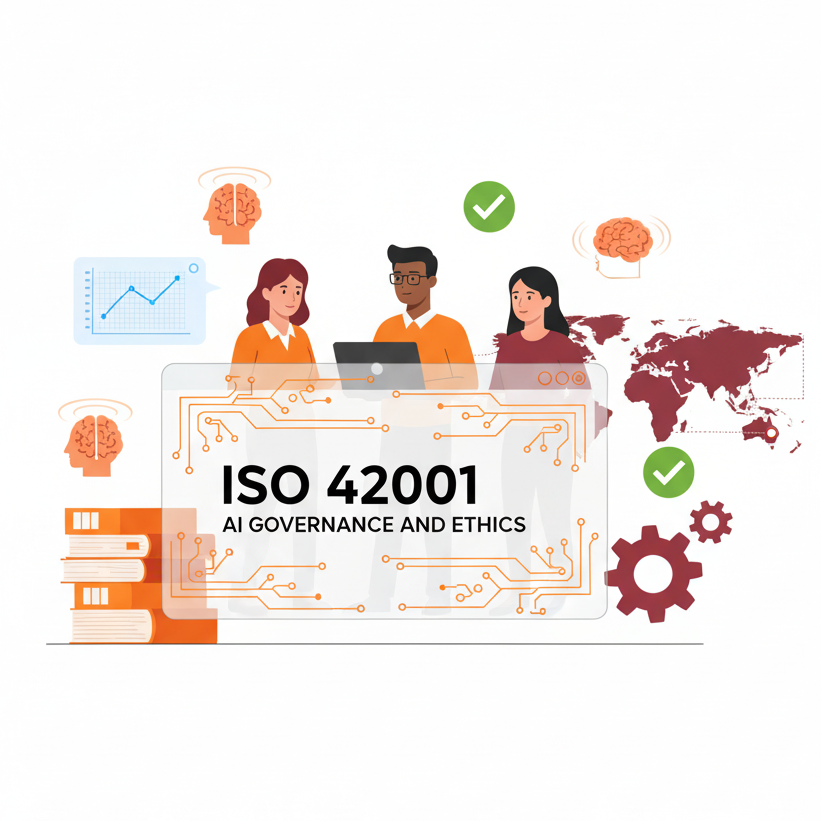 Vector illustration showing professionals managing AI compliance under ISO 42001