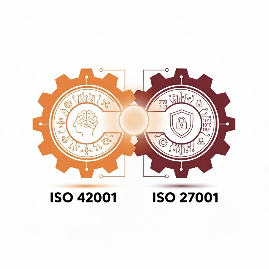 Flat-vector illustration of interlocking orange and maroon gears labelled ISO 42001 and ISO 27001, representing unified AI governance and information security on a white background.