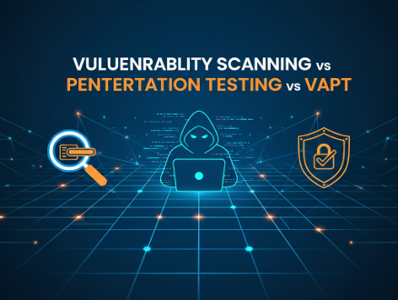Illustration comparing vulnerability scanning, penetration testing, and VAPT, showing how each assessment works in cybersecurity.
