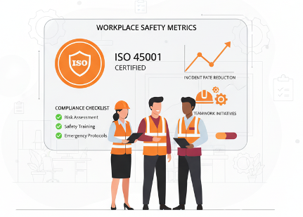 Illustration representing ISO 45001 and Occupational Health and Safety Management Systems in Singapore, showing safe workplace environment and compliance under WSHA 2006.
